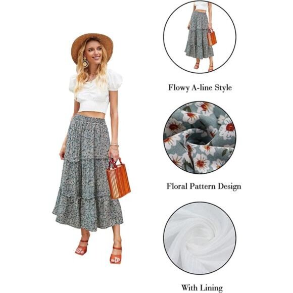 Women's Floral Midi Skirts Elastic High Waist A-Line Swing Skirts - Picture 3 of 7